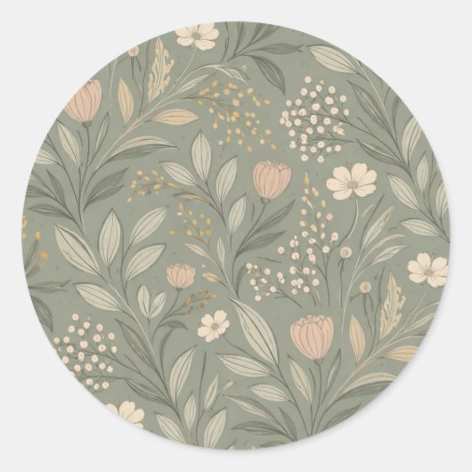 Soft Flowers on Sage Green Earthy Tones ラウンドシール (正面)