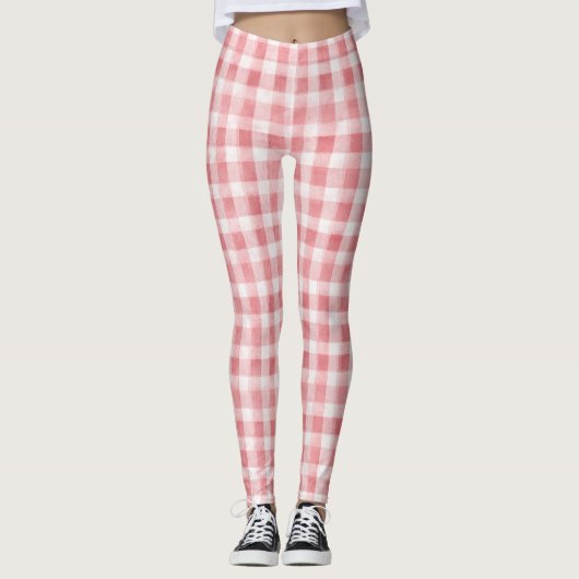 Soft Girly Pink White Plaid Stripes レギンス (正面)