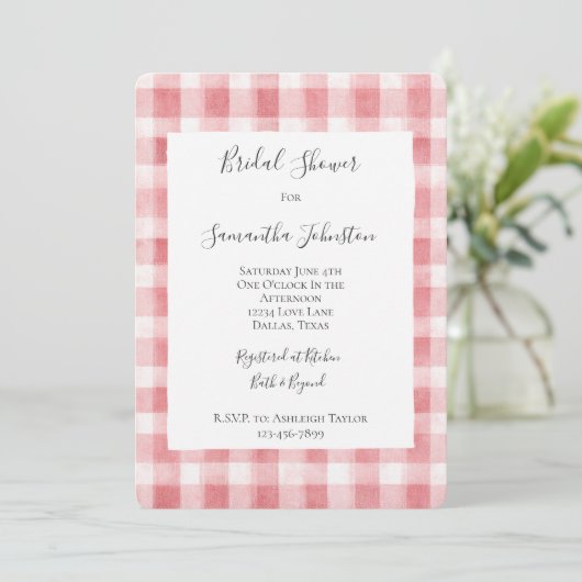 Soft Girly Pink White Plaid Stripes Bridal Shower 招待状 (スタンド正面)