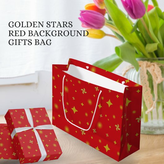 Soft Glow Golden Stars & Floral Petals Pattern ラージペーパーバッグ