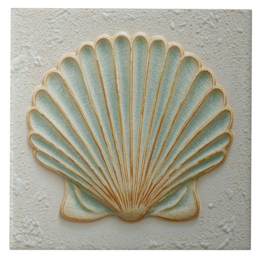 Soft Gold and Aqua Coastal Scallop Shell タイル (正面)