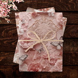 Soft Gold Baroque Blush Floral Butterfly Collage ラッピングペーパーシート
