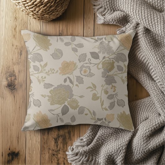 Soft Gold Beige Peach Gray Modern Farmhouse Floral クッション
