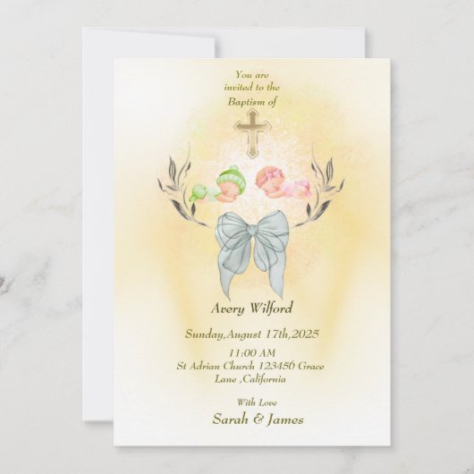  Soft gold cross Baptism invitation  招待状 (正面)