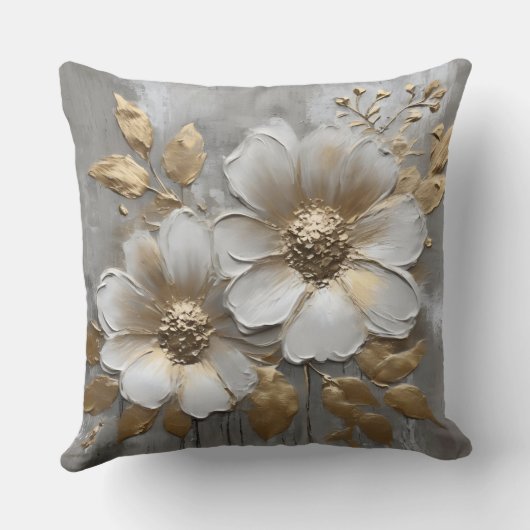 Soft Gold Gray White Modern Rustic Floral クッション (裏面)