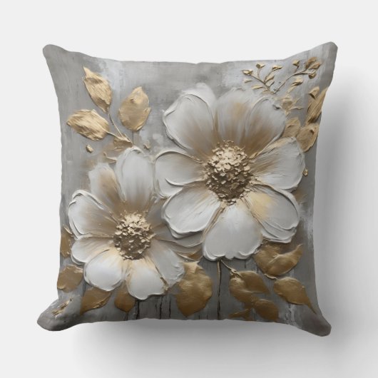 Soft Gold Gray White Modern Rustic Floral クッション (正面)