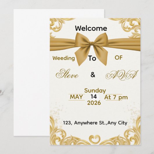 Soft Gold Wedding Invitation – Minimal Elegant Des 招待状 (正面/裏面)