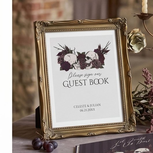 Soft Gothic Skulls & Roses Guest Book Sign ポスター