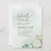 Soft Green & Blush Sweet 16 Invitation White Roses 招待状 (正面)