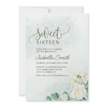 Soft Green & Blush Sweet 16 Invitation White Roses