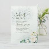 Soft Green & Blush Sweet 16 Invitation White Roses 招待状 (スタンド正面)