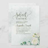 Soft Green & Blush Sweet 16 Invitation White Roses 招待状 (正面/裏面)