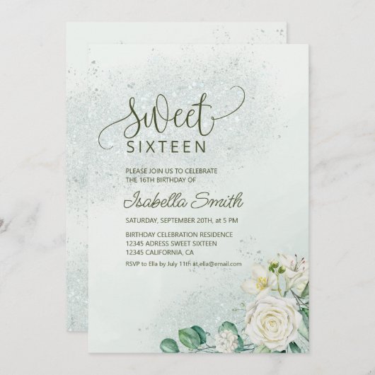 Soft Green & Blush Sweet 16 Invitation White Roses 招待状 (正面/裏面)
