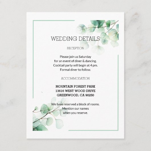 Soft Green Botanical Watercolor Leaves Wedding エンクロージャーカード (正面)