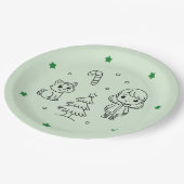 Soft Green Cute Girl and Cat Christmas Design ペーパープレート (アングル)