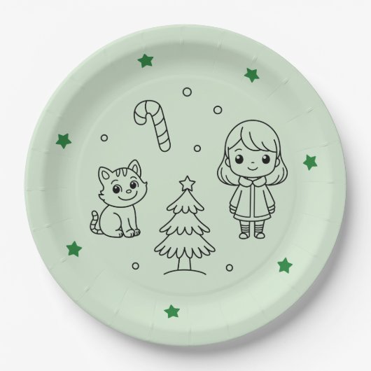 Soft Green Cute Girl and Cat Christmas Design ペーパープレート (正面)