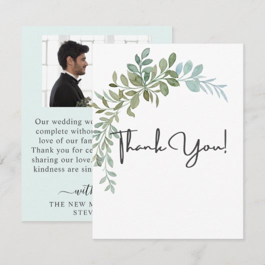 Soft Green Eucalyptus Watercolor Rustic Wedding サンキューカード (正面/裏面)