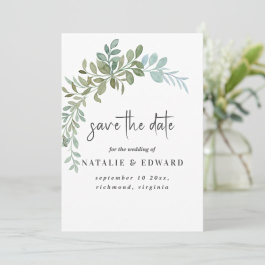 Soft Green Eucalyptus Watercolor Rustic Wedding セーブザデート (スタンド正面)