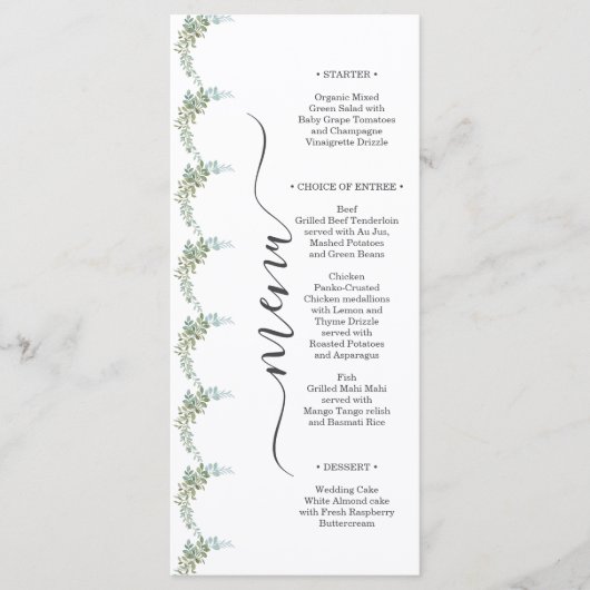 Soft Green Eucalyptus Watercolor Rustic Wedding メニュー (正面)