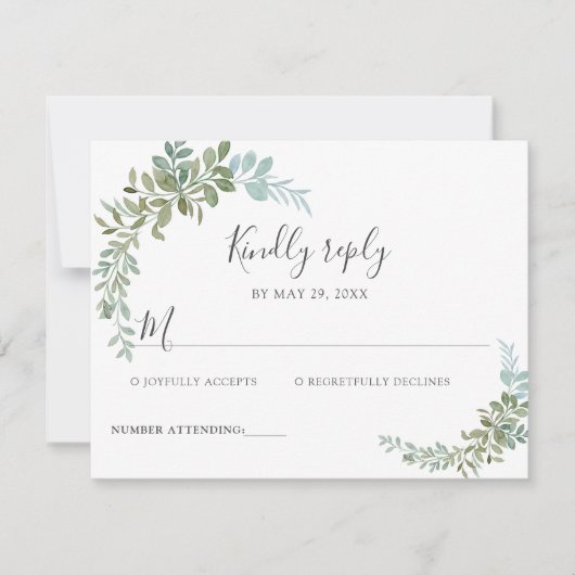 Soft Green Eucalyptus Watercolor Rustic Wedding 出欠カード (正面)