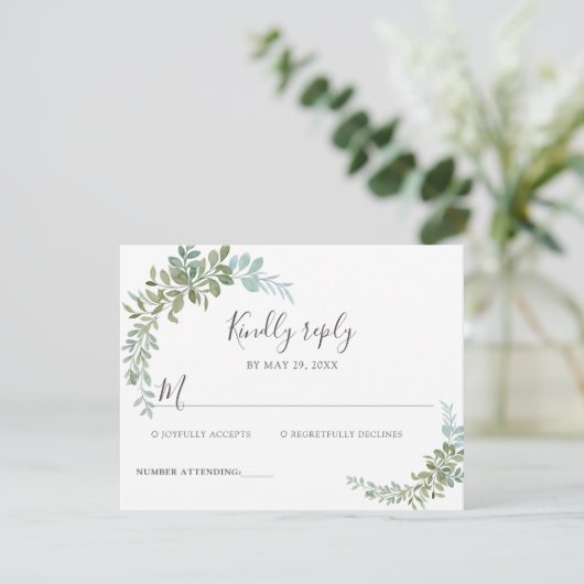 Soft Green Eucalyptus Watercolor Rustic Wedding 出欠カード (スタンド正面)