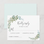 Soft Green Eucalyptus Watercolor Rustic Wedding 出欠カード (正面/裏面)