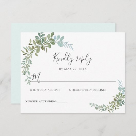 Soft Green Eucalyptus Watercolor Rustic Wedding 出欠カード (正面/裏面)