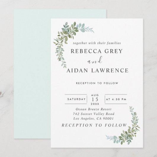 Soft Green Eucalyptus Watercolor Rustic Wedding 招待状 (正面/裏面)