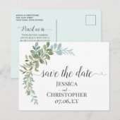 Soft Green Eucalyptus Watercolor Rustic Wedding 案内ポストカード (正面/裏面)
