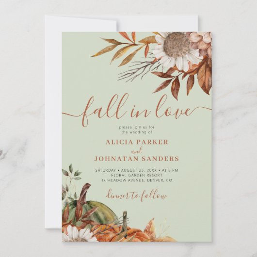 Soft green rust leaves boho floral fall wedding 招待状 (正面)