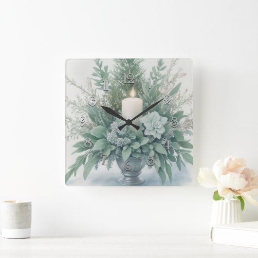 Soft Green Tones Christmas Candle スクエア壁時計 (ホーム)