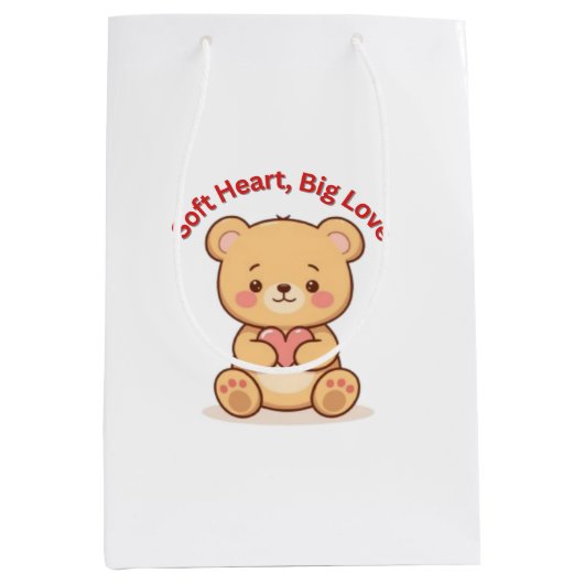 Soft Heart Big Love Cute Teddy Bear ミディアムペーパーバッグ (正面)