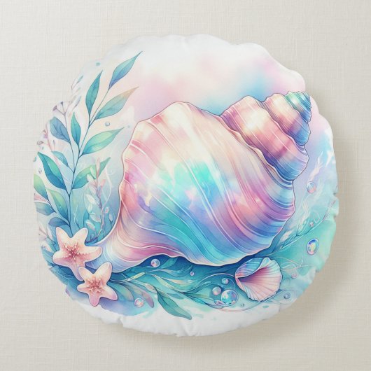 Soft Iridescent Pastel Hues Conch Seashell ラウンドクッション (正面)