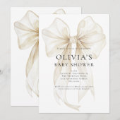 Soft Ivory Bow Text Overlay Baby Shower 招待状 (正面/裏面)