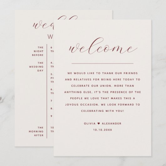 Soft Ivory Script Wedding Timeline + Welcome 招待状 (正面/裏面)