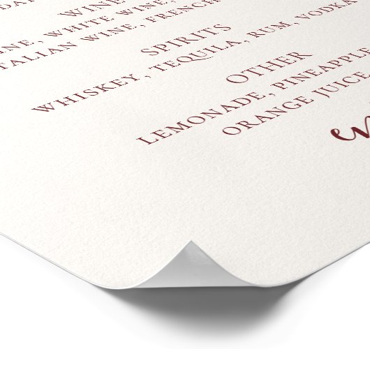 Soft Ivory Wedding Drinks Menu | Script Bar Sign ポスター (角)