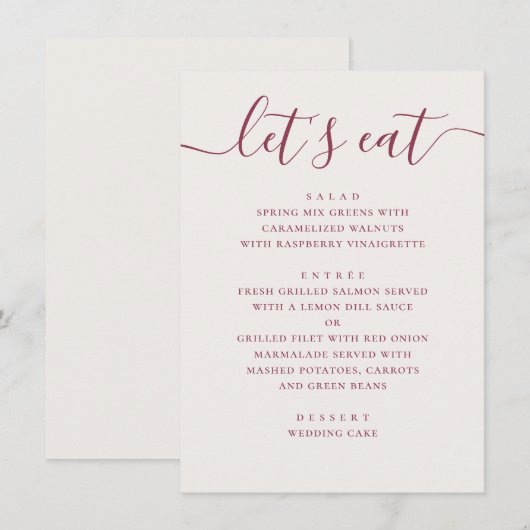 Soft Ivory Wedding. Modern Script Reception Dinner メニュー (正面/裏面)