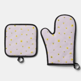 Soft Lavender Japanese Yellow Viola Floral Pattern 鍋つかみ&鍋敷きセット