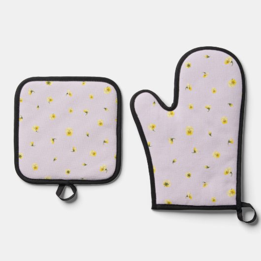 Soft Lavender Japanese Yellow Viola Floral Pattern 鍋つかみ&鍋敷きセット (正面)