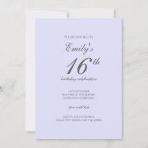 Soft Lavender Minimalist 16th Birthday Invitation