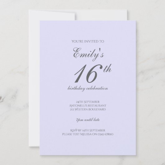 Soft Lavender Minimalist 16th Birthday Invitation 招待状 (正面)