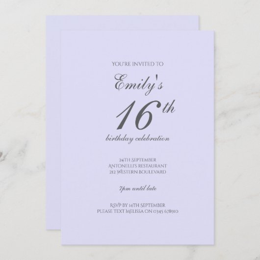 Soft Lavender Minimalist 16th Birthday Invitation 招待状 (正面/裏面)