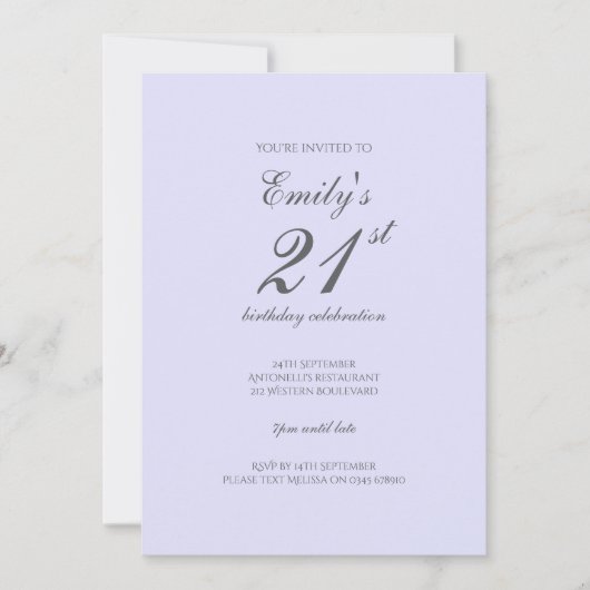Soft Lavender Minimalist 21st Birthday Invitation 招待状 (正面)