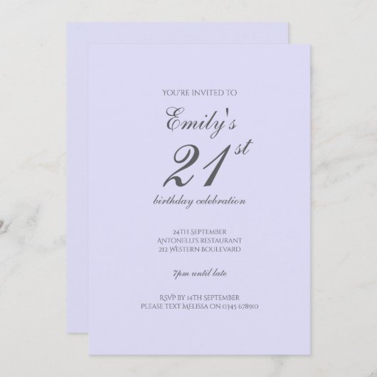 Soft Lavender Minimalist 21st Birthday Invitation 招待状 (正面/裏面)