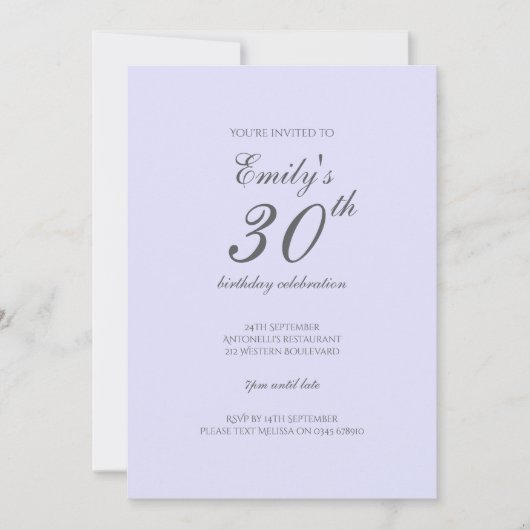 Soft Lavender Minimalist 30th Birthday Invitation 招待状 (正面)