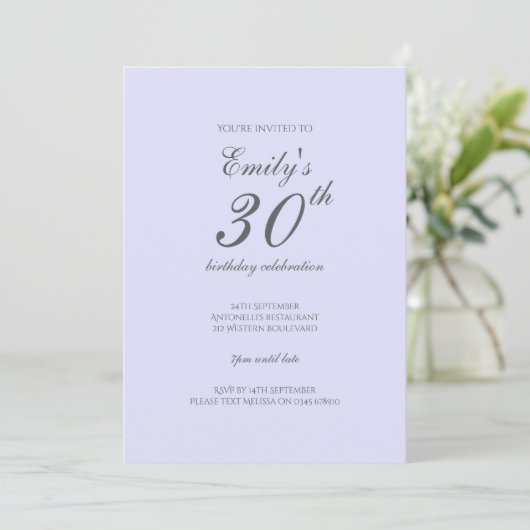 Soft Lavender Minimalist 30th Birthday Invitation 招待状 (スタンド正面)