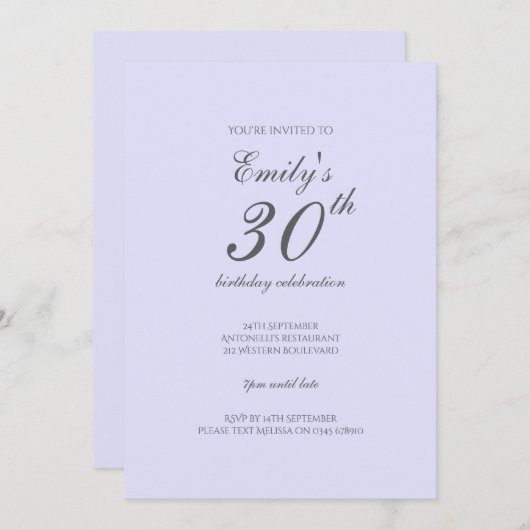 Soft Lavender Minimalist 30th Birthday Invitation 招待状 (正面/裏面)
