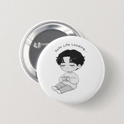 Soft Life Loading Cozy Chibi Boy Tea 缶バッジ (正面&裏面)