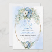 Soft Light Blue Peonies Greenery Gold Baby Shower 招待状 (正面)
