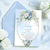 Soft Light Blue Peonies Greenery Gold Baby Shower 招待状
